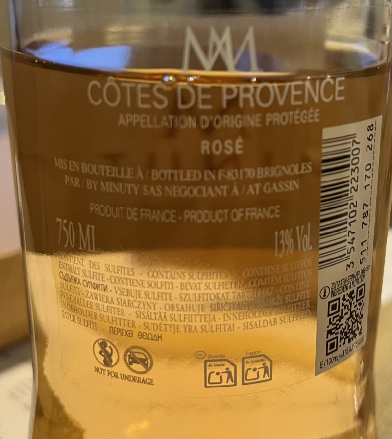 Baksida av Minuts Côtes de provence