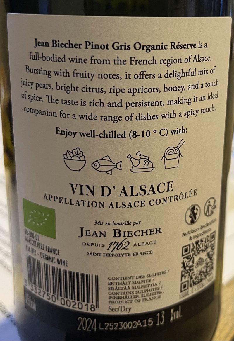 Baksida av Alsace Pinot Gris