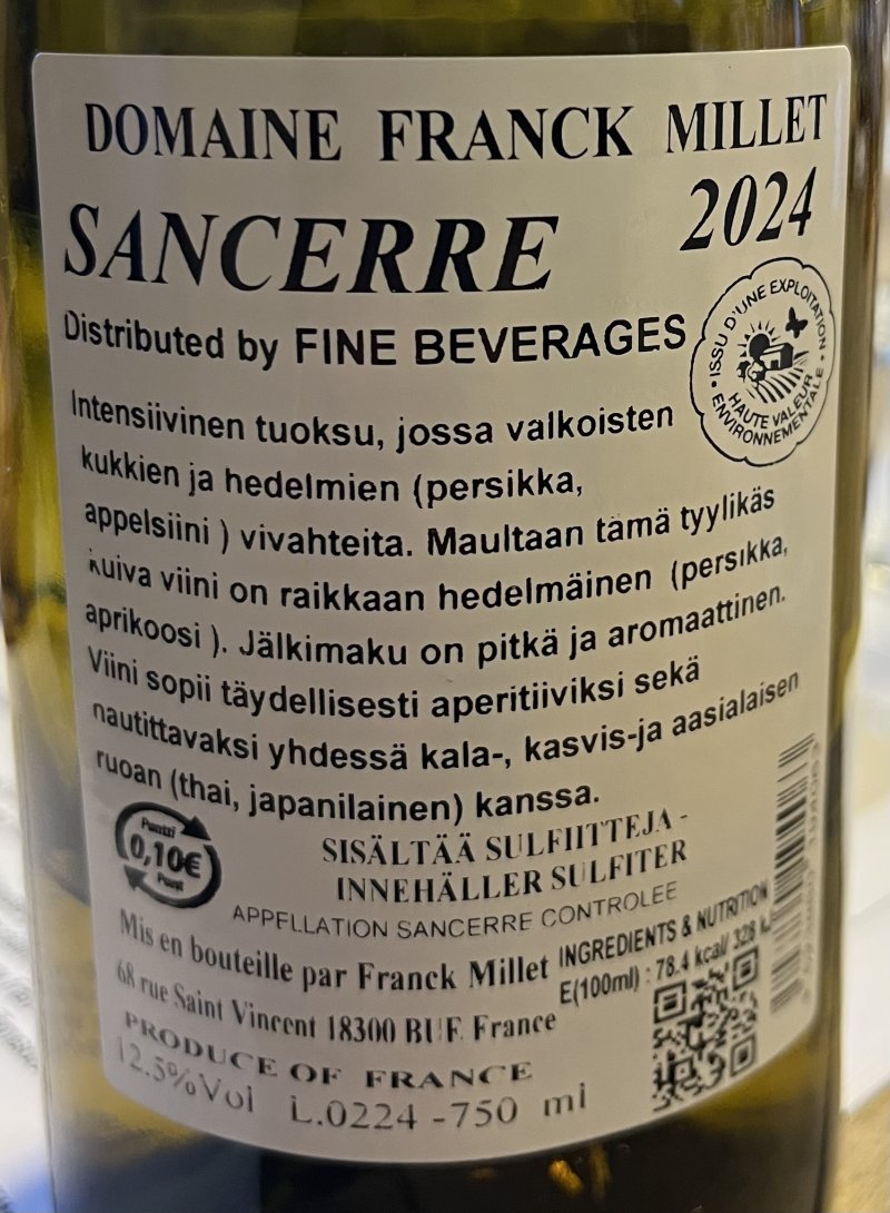 Baksida av Sancerre Domaine Franck Millet