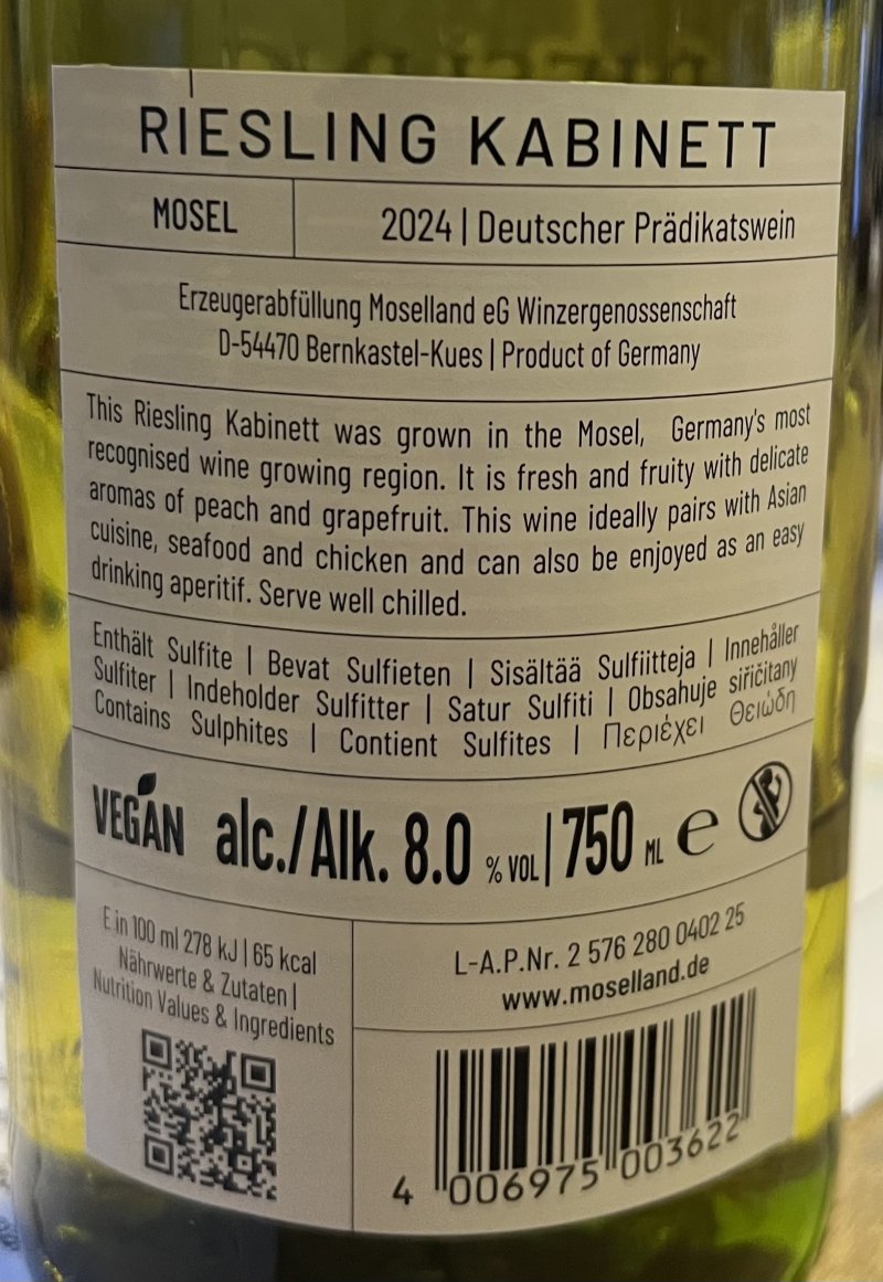 Baksida av Riesling Kabinett Moselland