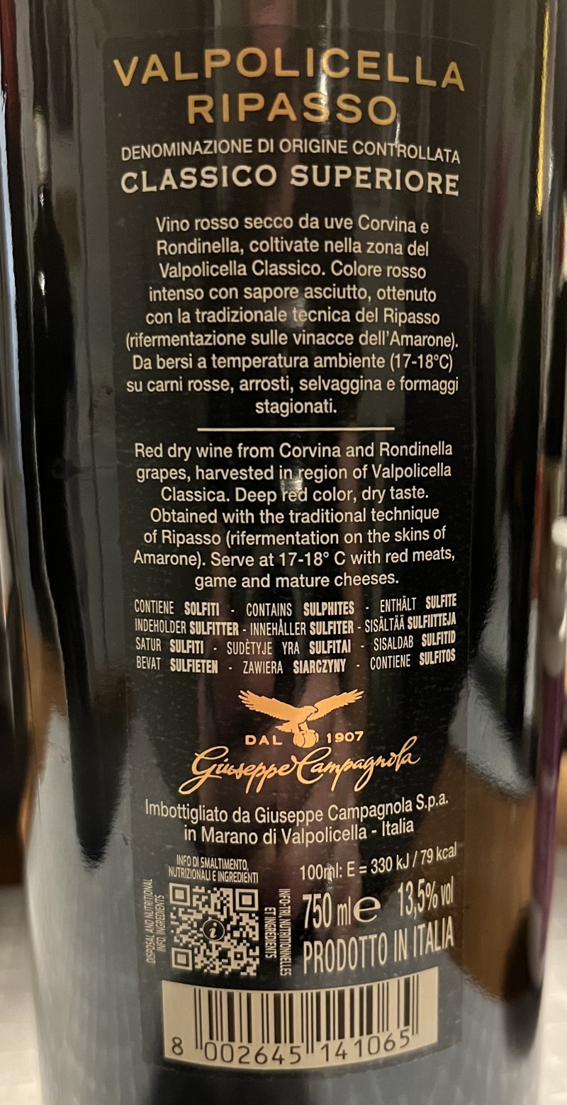 Baksida av Valpolicella Ripasso 2023