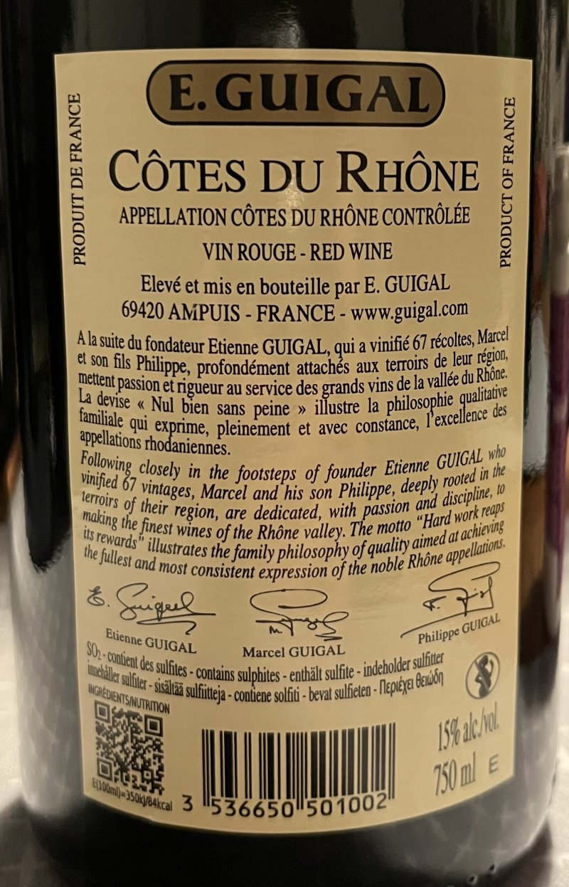 Baksida av Côtes Du Rhône