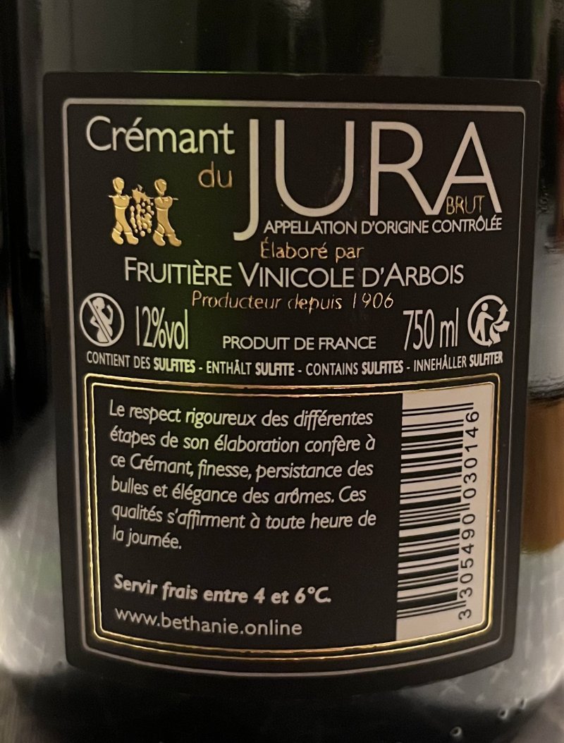 Baksida av Crémant du Jura Brut
