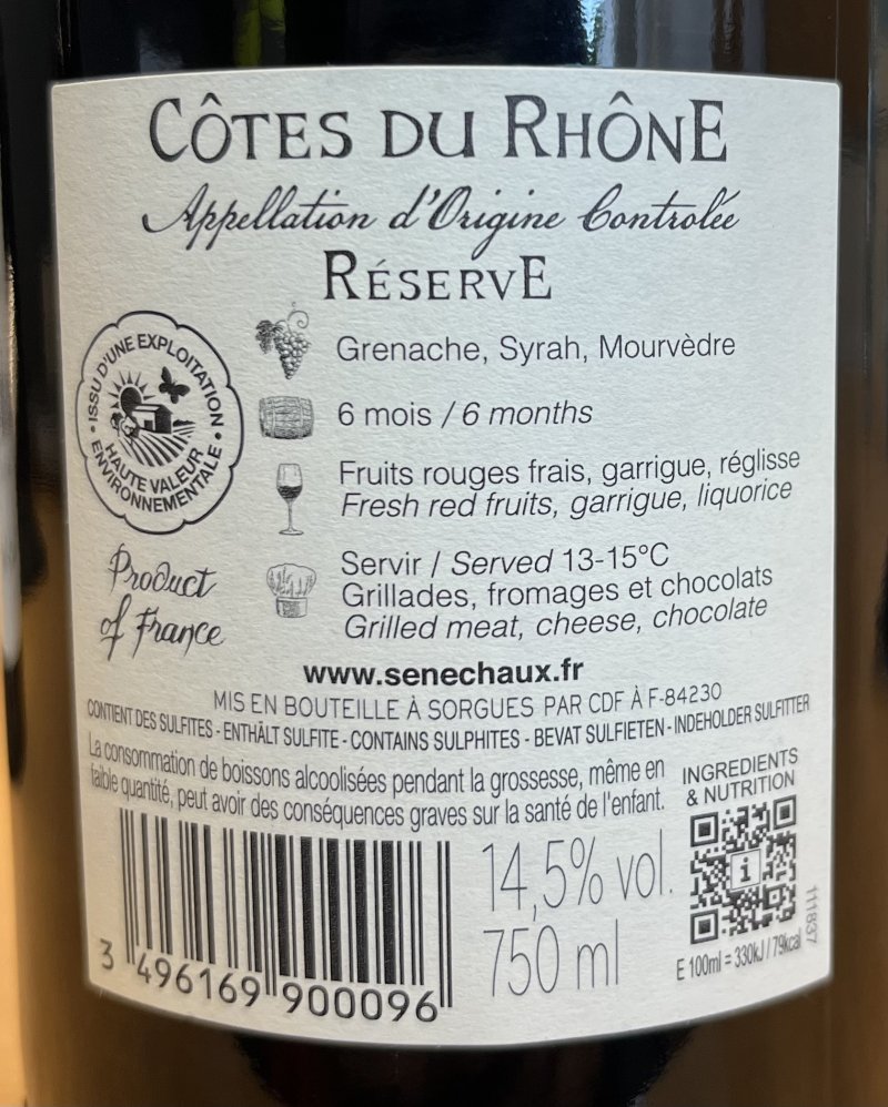 Baksida av Côtes du Rhône Famillle J-M Cazes