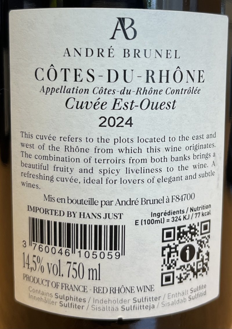 Baksida av André Brunel Côtes du Rhône