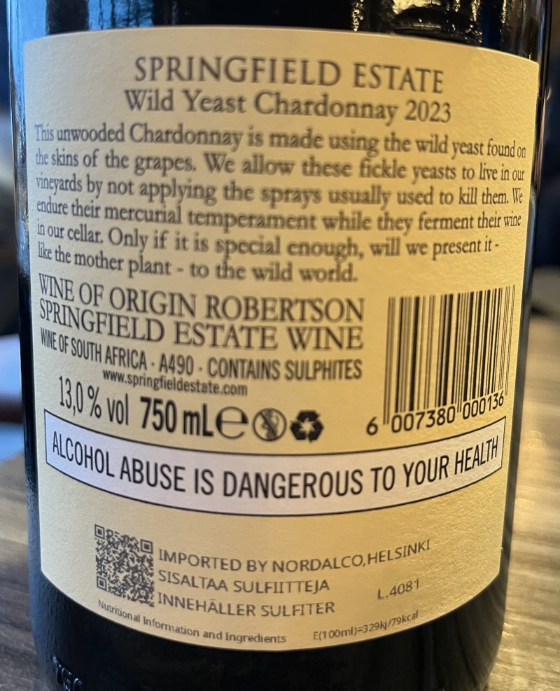 Baksida av Wild Yeast Chardonnay