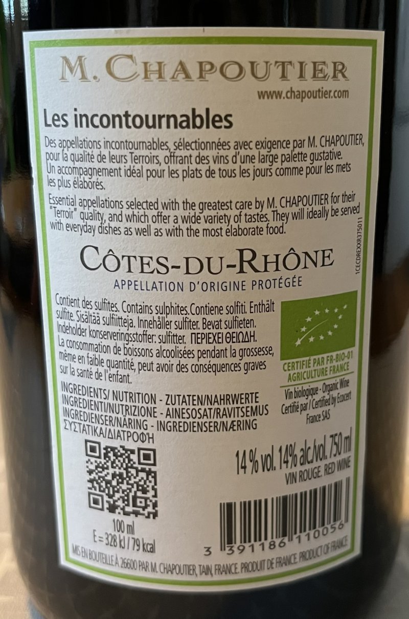 Baksida av Cotes-Du-Rhone M. Chapoutier